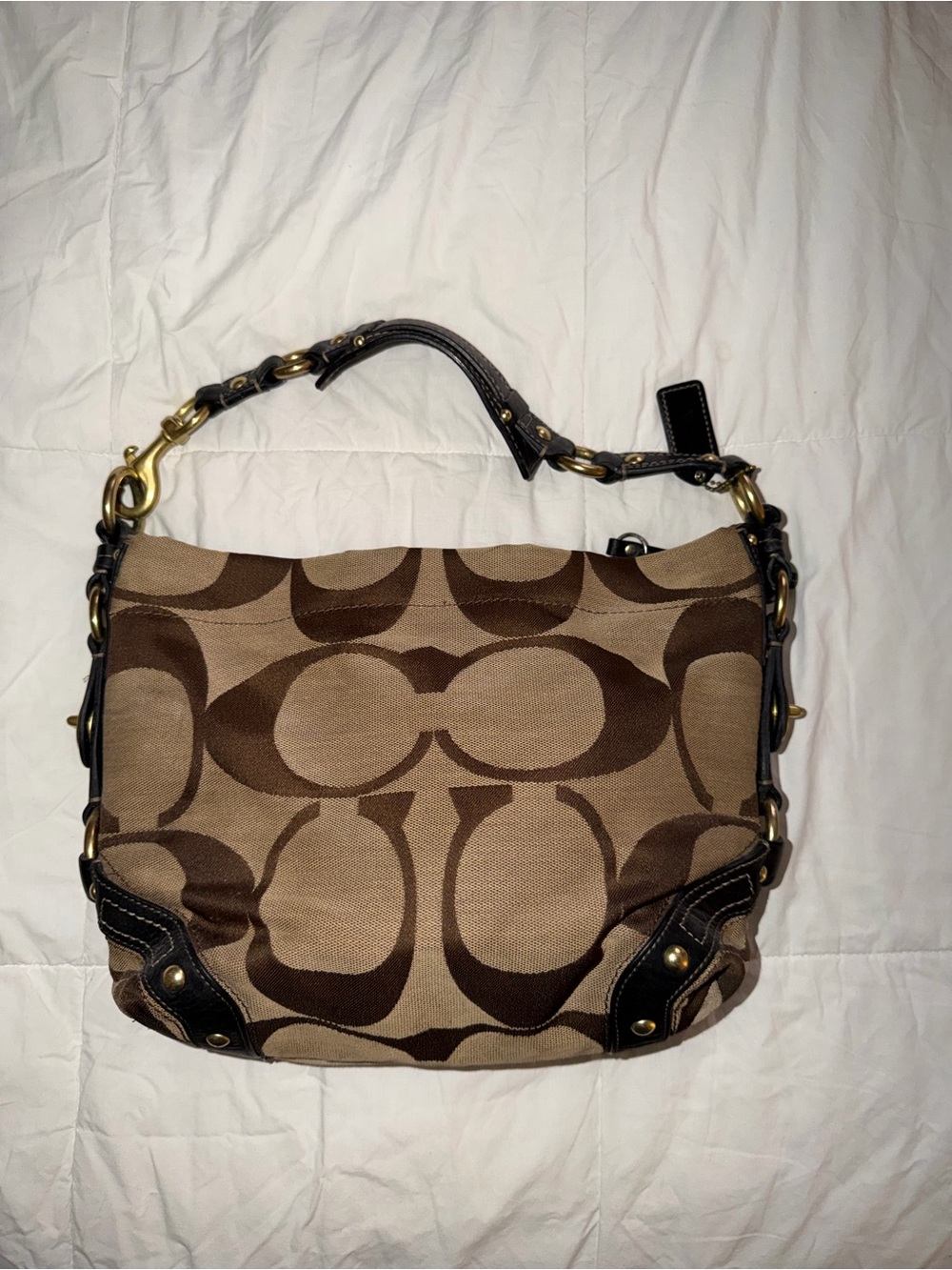 Coach Brown Signature Canvas Shoulder Bag with Dark Leather Trim E0726-10618